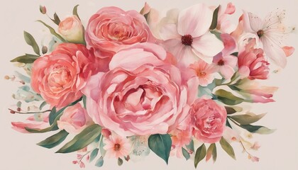Vintage watercolor floral background with pink roses and green leaves.