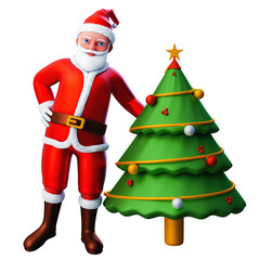 3D character of santa claus posing with christmas tree, Merry Christmas and Happy New Year, 3d illustration and rendering