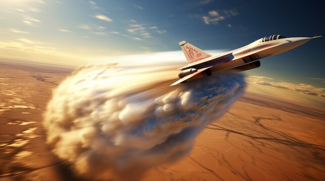 A time-lapse shot of a supersonic jet taking off, leaving a trail of fire and smoke as it accelerates to break the sound barrier.