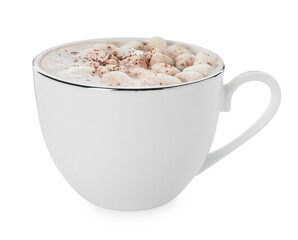 Fototapeta na wymiar Cup of aromatic hot chocolate with marshmallows and cocoa powder isolated on white
