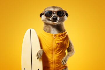 A whimsically attired meerkat dressed as a surfer, wearing board shorts, flip-flops, and holding a surfboard, ready for a wave on a solid yellow background. - obrazy, fototapety, plakaty