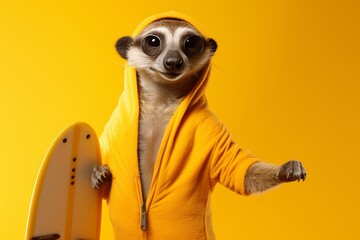A whimsically attired meerkat dressed as a surfer, wearing board shorts, flip-flops, and holding a surfboard, ready for a wave on a solid yellow background. - obrazy, fototapety, plakaty