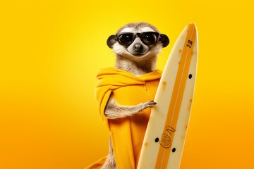A whimsically attired meerkat dressed as a surfer, wearing board shorts, flip-flops, and holding a surfboard, ready for a wave on a solid yellow background.