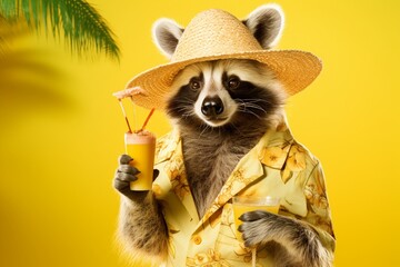A whimsically attired raccoon in a Hawaiian shirt, Bermuda shorts, and a straw hat, holding a coconut drink with an umbrella on a solid yellow background.