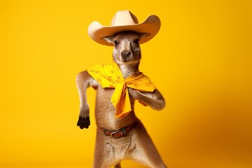 A whimsically dressed kangaroo wearing a cowboy hat, boots, and a bandana, striking a Western cowboy pose on a solid yellow background. - obrazy, fototapety, plakaty