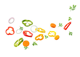 Fresh parsley, bell pepper, onion and carrot falling on white background