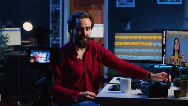 Content specialist filming graphic design tutorial for online audience, using professional camera equipment. Expert recording video guide on how to make aesthetic social media posts