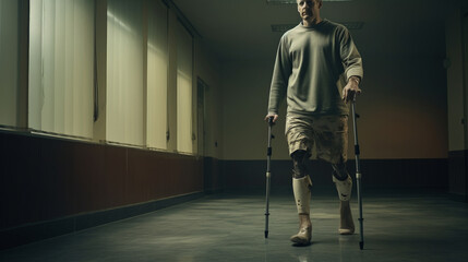 Disabled man with prosthesis leg go in hospital corridor