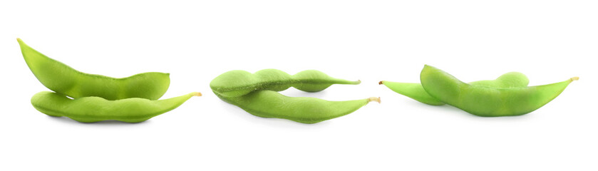Raw green edamame pods isolated on white, set