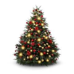 Christmas tree decorated with ornaments and festive lights isolated on white