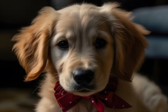 A cute golden retriever puppy with a red bow on its head, looking at the camera with a curious expression photo realistic (Generative AI)