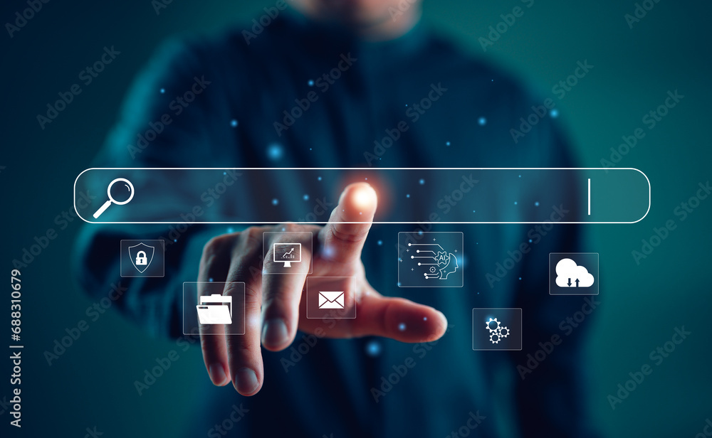 Leinwandbilder search with Ai assistant, Businessman Search On Virtual Screen Data Search Technology Search Engine Optimization. Man use computer to Searching for information. Using web Console for data, SEO.