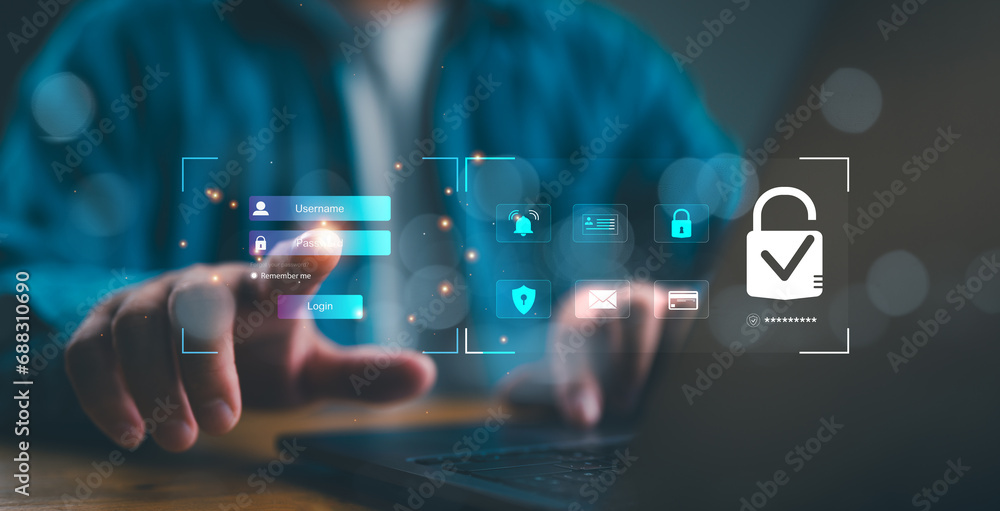 Poster Cybersecurity concept, user privacy security and encryption, secure internet access Future technology and cybernetics, screen padlock. Internet network data protection, anti hacker, cybercrime