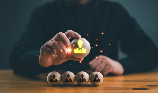 HRM or Human Resource Management, Manager choose to personnel icon which is among staff icons for human development recruitment leadership, customer target group concept. Recruit, employment, leader.