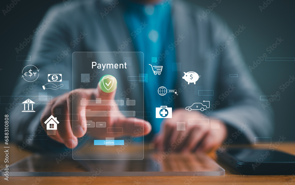 Aufkleber digital banking network, internet payment, financial technology or fintech concept. businessman usin