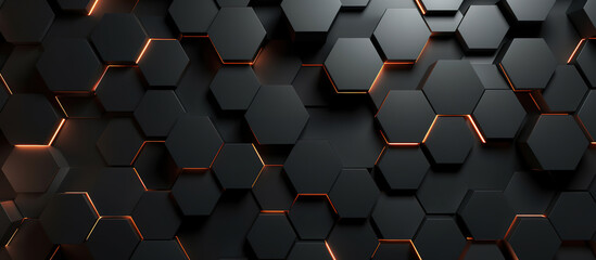 Black hexagonal tiles with glowing orange edges - obrazy, fototapety, plakaty