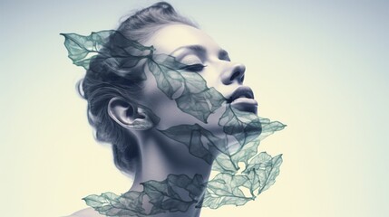 Compose an image merging the graceful outline of a woman with the delicate veins of a leaf, portraying a seamless double exposure fusion.