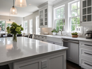 Modern kitchen interior, white, quartz countertop, accent plants, stainless appliances, and contemporary lighting overlooking a lush green exterior and neighboring homes