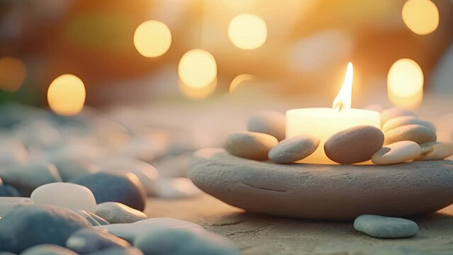 Closeup of a glowing candle p in a stone tray filled with smooth, polished stones, adding to the natural and calming aesthetic of the spa.