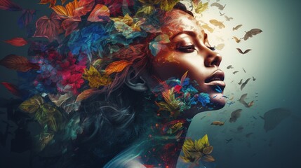 Design an AI-generated visual where the outlines of women seamlessly merge with the vibrant foliage, resulting in a captivating double exposure creation.