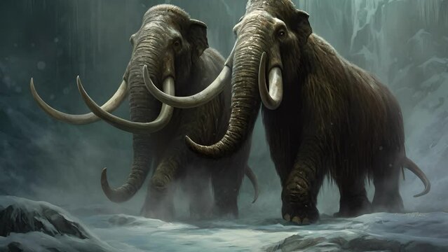Two Mammoths frozen in time their tusklocked battle forever captured in a deep icy tomb.. .