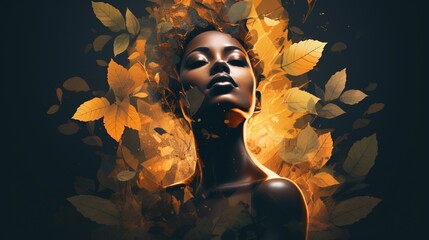 Generate an AI-crafted composition featuring layers of leaves forming the silhouette of a female figure, illustrating a captivating double exposure fusion.