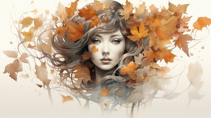 Generate an artistic rendition where the ethereal presence of women blends harmoniously with the intricate details of autumn leaves, creating a striking double exposure scene.