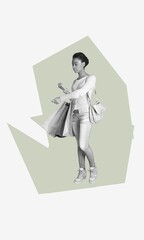 collage picture of girl  hold shopping bags