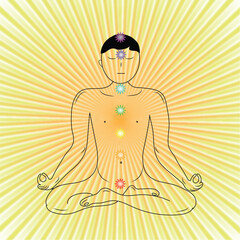 Illustration of yoga meditation in lotus pose. Vector figures of yoga, meditation and yoga concept. Sun rays, yoga pose. Meditation, relaxation, meditation, yoga,