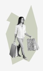 collage picture of girl  hold shopping bags
