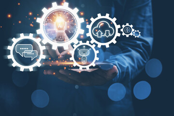 Businessman touching virtual screen of technology smart robot AI, artificial intelligence. Science, and technology concept. Futuristic technology transformation.