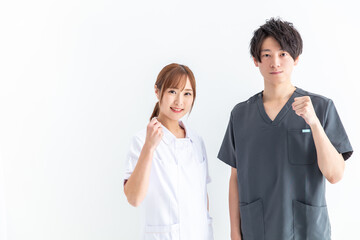 ガッツポーズする看護師　Nurse fist pumping