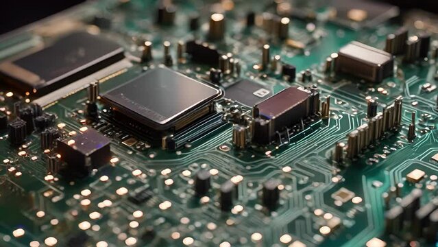 A dynamic mix of circuitry and data signals, pulsating with the power of Fintech innovation on a modern circuit board. .