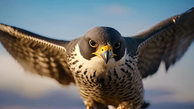 Closeup of a peregrine falcons perfectly curved beak, streamlined for optimal vision and used to swiftly capture prey in midflight.