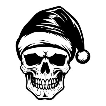 skull wearing Santa Claus hat, skull in a Christmas hat, Generative AI.