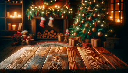 table and christmas tree with christmas lights