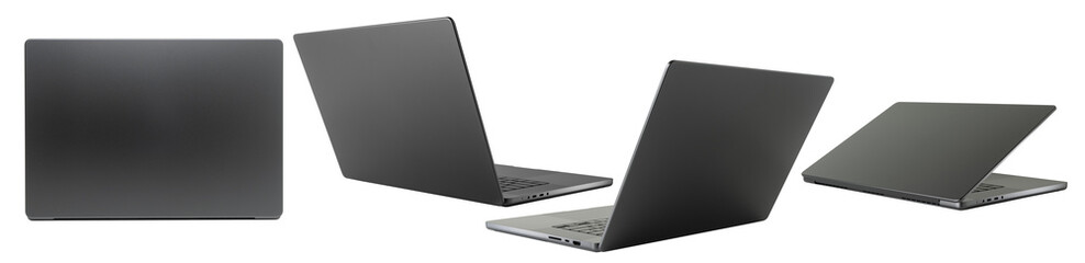 set back view of laptop or notebook space black isolated with clipping path on transparent background.