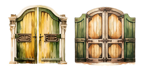 Western old saloon doors, watercolor clipart illustration with isolated background