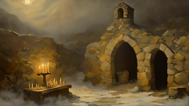 stone walls Creeping Chapel cold damp, stark contrast warmth flickering candles that illuminate sacred space. pews, covered thick layer dust, groan creak they remember 2d animation