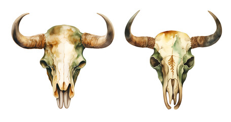Western buffalo skull, watercolor clipart illustration with isolated background - obrazy, fototapety, plakaty