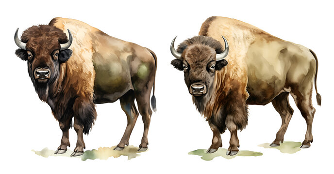 Western buffalo, watercolor clipart illustration with isolated background