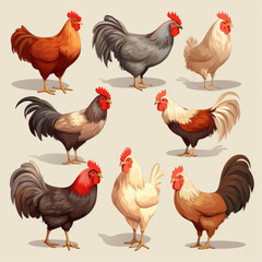 Set of chicken stickers illustration, AI generated Image