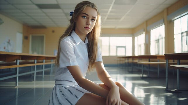 A cute Asian girl, 18 years old, sitting at a desk in a classroom. pleated skirt dark blue stockings School uniform shoes, emphasis on legs, clear sky days.
