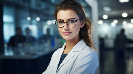 Portrait of a beautiful young female doctor, 25 years old, wearing a white coat and glasses in a modern medical science laboratory.