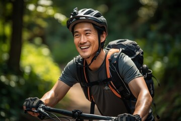 Obraz na płótnie Canvas Joyful Mountain Biker Enjoys a Sunny Trail Ride 