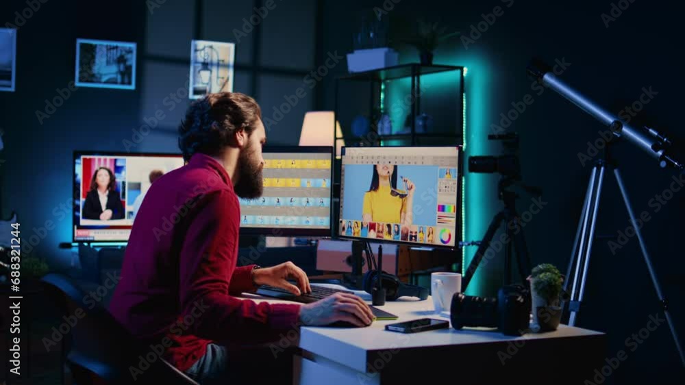 Aufkleber freelancing photo editor retouching photographs with editing software, interrupted by phone call fro