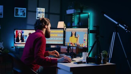 Freelancing photo editor retouching photographs with editing software, interrupted by phone call from client. Freelancer photographer in home studio taking image editing commission from customer - Powered by Adobe