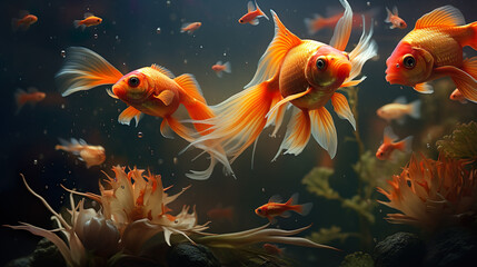 The goldfish in deep orange and light gold swim in a tank with plants, algae and rocks, air bubbles, influences, plump bodies.
