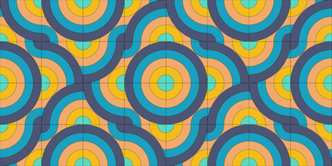 A bold and colorful seamless groovy wave pattern with layers of orange, red, yellow, and teal creates a lively and dynamic backdrop