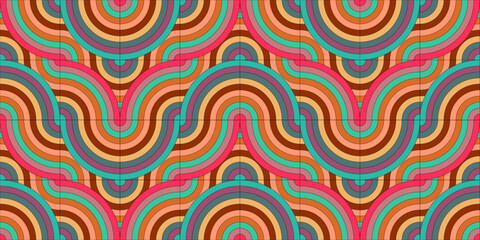 A bold and colorful seamless groovy wave pattern with layers of orange, red, yellow, and teal creates a lively and dynamic backdrop